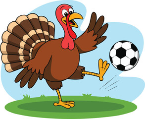 Thanksgiving Soccer Turkey Vector – Funny Cartoon Turkey Playing Football with Ball – Autumn Holiday Illustration