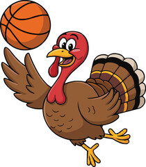 Thanksgiving Basketball Turkey Vector – Funny Cartoon Turkey Playing with Ball – Autumn Holiday Sports Illustration for T-Shirt Design, Decoration, and Digital Download