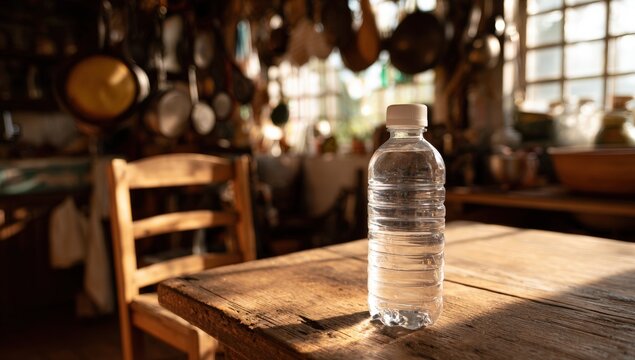 A water bottle on a rustic table