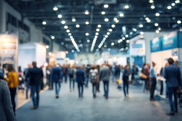 Blurred view of a large convention hall filled with attendees