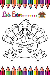 Thanksgiving Turkey Gamer Coloring Page – Cute Turkey Playing Video Game Controller – Fun Kids Activity Printable for Preschool and Kindergarten