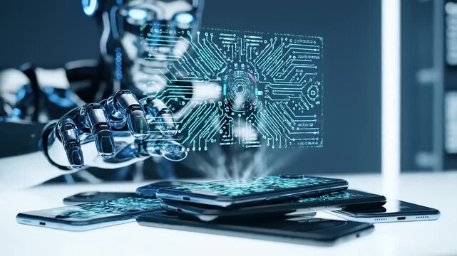 Futuristic AI Robot Hand Interacts with Holographic Circuit Board