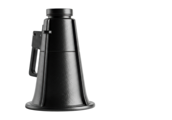 A formidable, heavy-duty black megaphone of powder-coated steel, industrial design, upright on a transparent background with copy space, representing authority and crisis communication