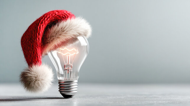 Christmas light bulb wearing a festive Santa hat, glowing warmly against a soft gray background, embodying holiday spirit and creativity