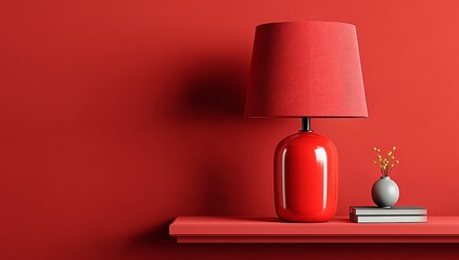 a red table lamp sits on a shelf against a solid-colored background, showcasing a minimalist style with a red and orange theme. this high-resolution product photography offers ample copy space.