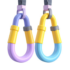 two colorful plastic rings hang from hooks on a black background