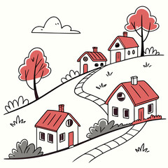 Vector art of a whimsical illustration of houses nestled on rolling hills, connected by winding paths, creating a charming village scene under a gentle sky, evoking a sense of community