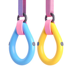 two colorful plastic rings hang from a pink and blue ribbon
