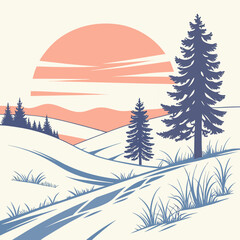 Vector art of a tranquil winter scene showcases snowcovered hills, evergreen trees, and a setting sun, evoking a sense of peace and solitude in the serene landscape