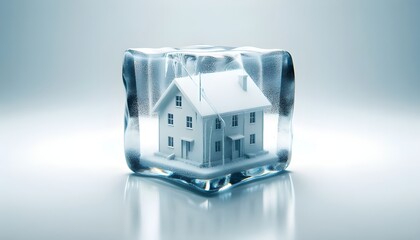 Housing Market In A Deep Freeze as a house and Ice cube withon a white background as a symbol of cooling realestate and home buying markets due to the economy and interest rates.