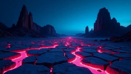 Pink glowing lava path desert landscape dark blue night mountains