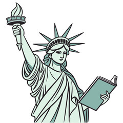 Illustration of the statue of liberty, holding a book and torch, symbolizing knowledge and enlightenment, with a serious expression and detailed design © md ruhul11