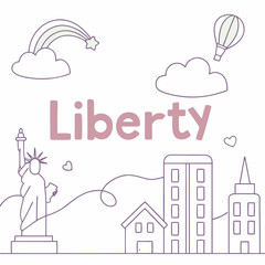 Vector art of liberty concept with the statue of liberty, rainbow, hot air balloon, clouds, buildings, and house, vector illustration in cartoon style for kids