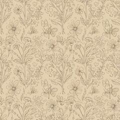 Charming hand-drawn floral pattern with bees and flowers in a seamless brown background., seamless pattern, Stock royalty free image.