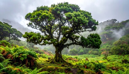 Fototapeta premium A magnificent old tree stands majestically in a lush, misty mountain valley, showcasing a vibrant green landscape filled with ferns and other plant life.