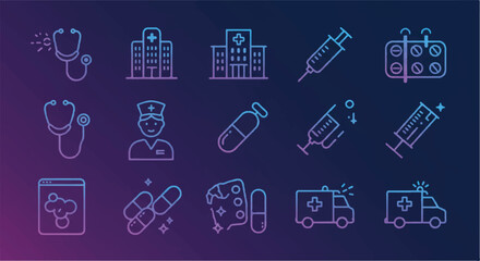 Medical line art symbols representing healthcare services and equipment on a dark gradient, creating a modern and clean aesthetic.