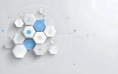 Fototapeta premium Abstract network connecting medical icons on white surface symbolizing healthcare innovation and technological advancement in the medical field with a clean and modern feel.