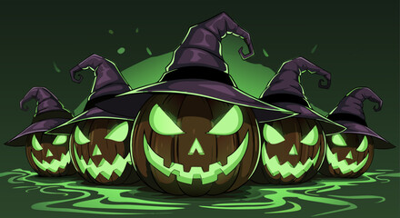 A wicked horde of jack-o'-lanterns with witch hats casts a magical green glow. Their sinister light reflects on the wet ground amidst glowing sparks, creating a scene of dark enchantment.