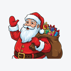 Vector art of santa claus waving and carrying a sack full of gifts