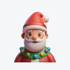 Vector art of cute 3d cartoon illustration of santa claus character with a red hat and beard, wearing a festive garland around his neck