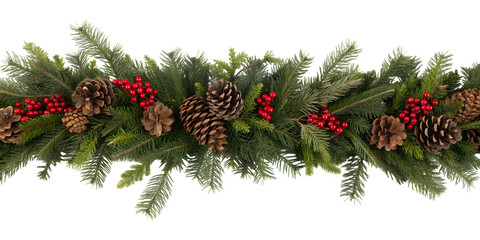 A festive Christmas garland features green evergreen branches, natural pinecones, and vibrant red berries, isolated on a transparent PNG background.