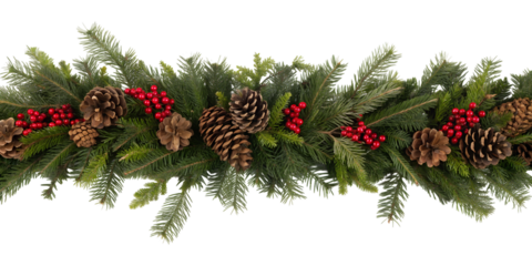 A festive Christmas garland features green evergreen branches, natural pinecones, and vibrant red berries, isolated on a transparent PNG background.