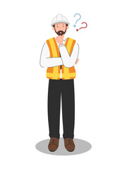 Industrial engineer in safety vest and helmet thinking, workplace decision making and problem solving illustration