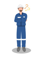 Industrial engineer in uniform and hard hat thinking, workplace decision making and problem solving illustration