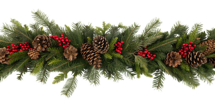 A festive Christmas garland features green evergreen branches, natural pinecones, and vibrant red berries, isolated on a transparent PNG background. - Powered by Adobe