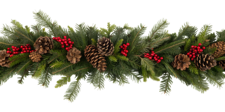 A festive Christmas garland features green evergreen branches, natural pinecones, and vibrant red berries, isolated on a transparent PNG background. - Powered by Adobe