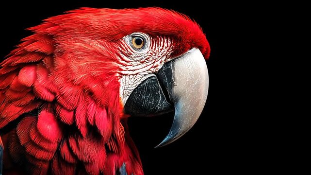 A stunning close-up portrait of a vibrant red macaw parrot with intricate feather details, looking sideways against a dramatic solid black background.