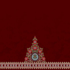 Maroon floral ornamental motif with border for kurti front panel bottom and sleeve hem print