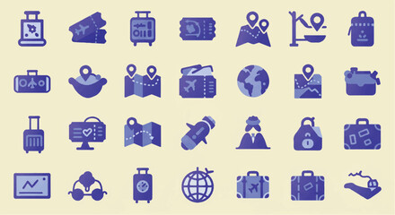 Fototapeta premium Collection of travel symbols representing planning and journey, including luggage, tickets, maps, and transportation, conveying a sense of adventure and exploration.