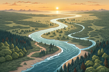Serpentine river winding through lush green landscape at sunset