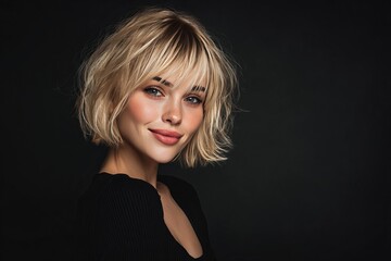 Naklejka premium A portrait of a gorgeous woman with stunning short blonde hair, perfectly coiffed to frame her beautiful face. Capturing her captivating smile and charming eyes.