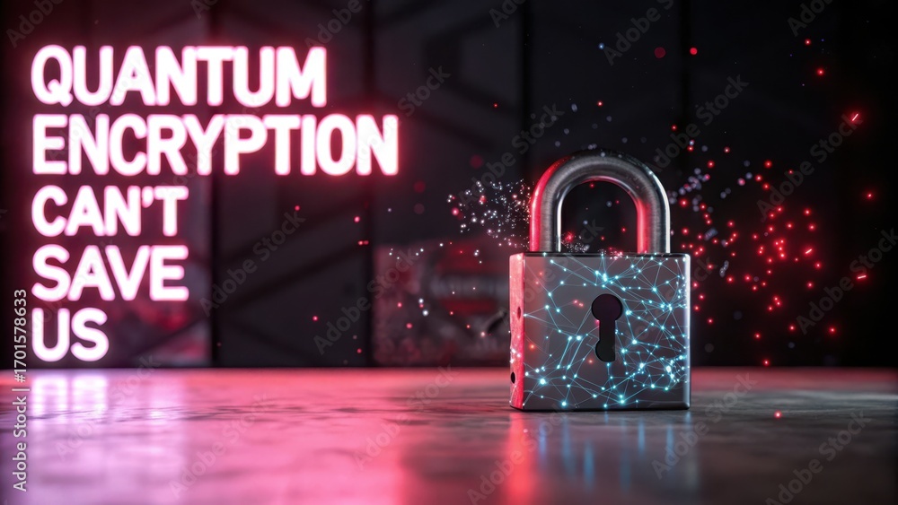 Aufkleber quantum cybersecurity a digital lock symbolizes security amidst a backdrop of cryptic text on encryp
