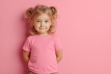 A charming little girl with blond pigtails smiles warmly, framed against a bright, vivid pink backdrop, exuding innocent cheerfulness.