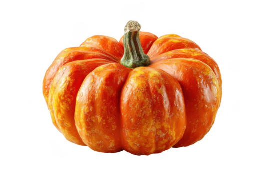 A bright orange, ribbed pumpkin with a short green stem and a slightly bumpy texture.