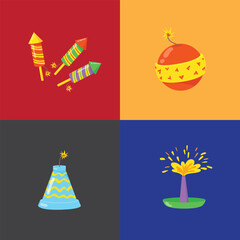 Festive firework, pyrotechnics and firecracker for celebrating Merry Christmas, New Year, happy birthday and other family and fun holidays. Colorful firework and firecracker for party