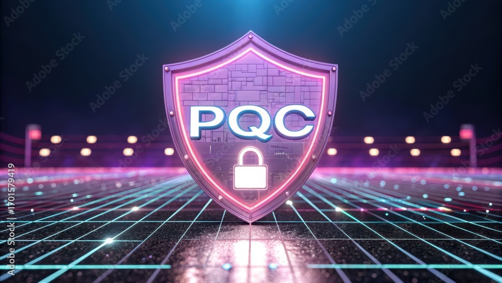 Poster quantum cybersecurity digital shield logo with a secure padlock design, set in a futuristic neon gri