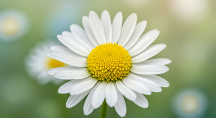 Fototapeta premium Two white daisies with yellow centers in soft focus with a bright blurred background daisy