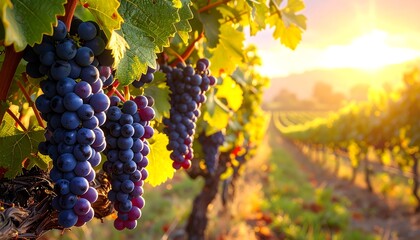 Obraz premium Clusters of ripe, deep purple grapes hang heavy from vines in a sun-drenched vineyard, bathed in warm golden light.