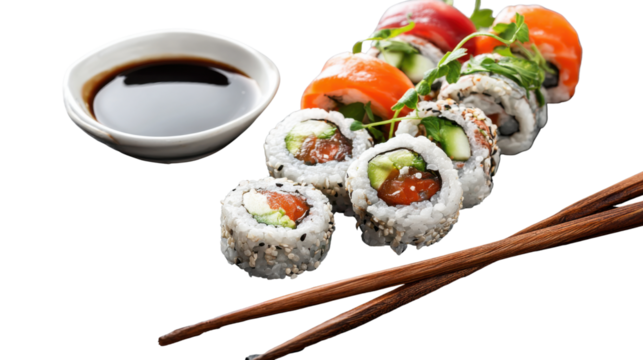 Assorted Sushi Rolls with Soy Sauce and Chopsticks on white Background - Powered by Adobe