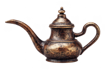 An ornate antique metal teapot with a long spout, rounded body, intricate lid, and curved handle, showcasing vintage craftsmanship.