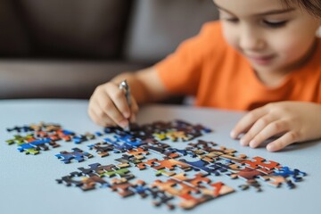 Fototapeta premium Child focuses on completing a colorful puzzle on a table in the living room