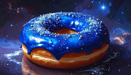 A delectable donut, vibrant blue with glistening silver sprinkles, is showcased against a backdrop of a cosmos, showcasing a striking visual contrast.