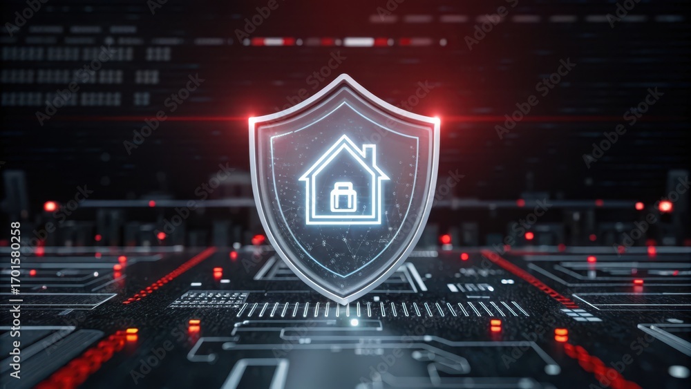 Aufkleber digital shield symbolizing home security with circuit patterns and glowing elements.