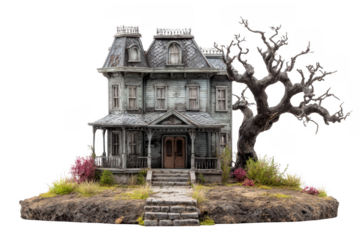 A detailed, old Victorian-style haunted house with a weathered exterior, broken windows, and a twisted, leafless tree beside it.