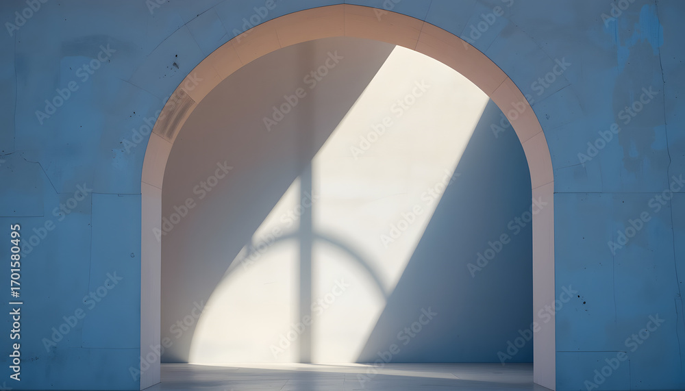 Poster sunlight streams through a grand archway casting dramatic shadows, creating a serene and modern arch