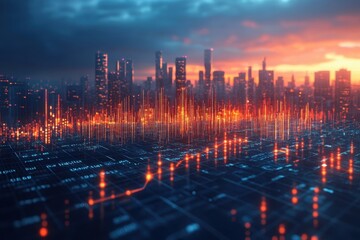 A digital city skyline at sunset with vibrant data visualization overlaid